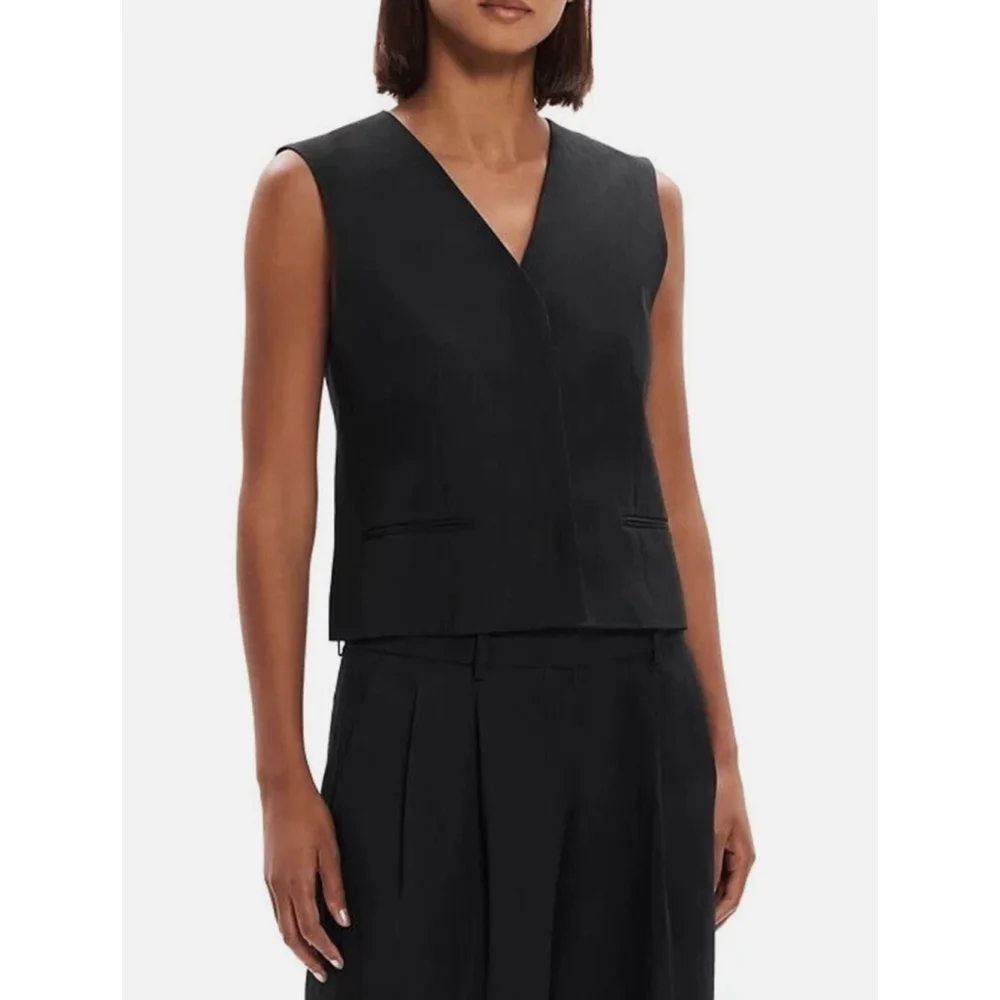 Women's NEW Theory Galena 100% Linen Black Button Up Slim Vest Medium